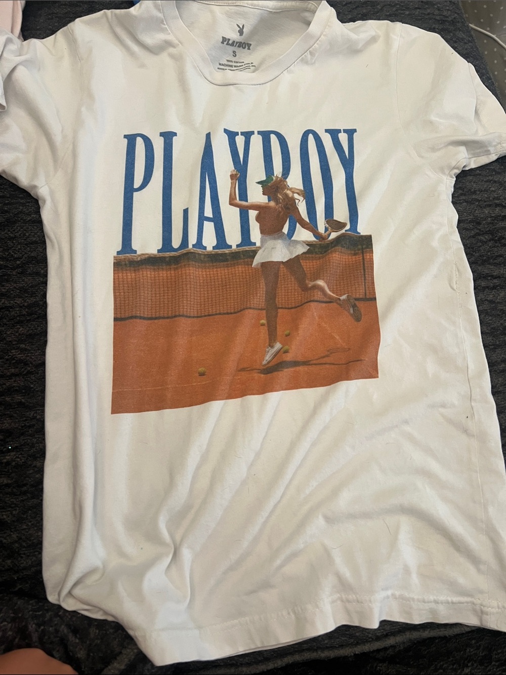 PLAYBOY White Tee with Blue Logo and Tennis Girl Print size small